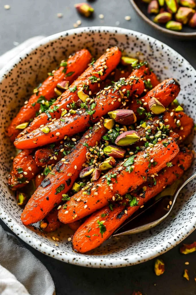 Roasted carrots topped with sesame seeds, pistachios, and fresh herbs in a speckled bowl, close-up shot.