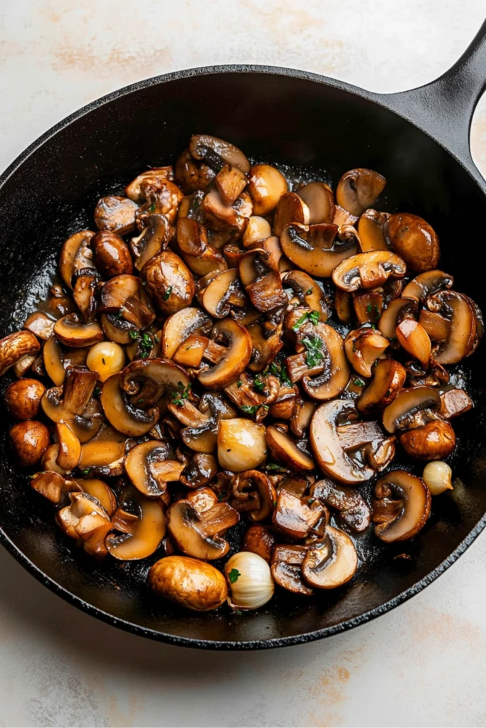 A sizzling cast iron skillet with sautéed mushrooms and shallots in a savory sauce, garnished with fresh herbs and garlic.