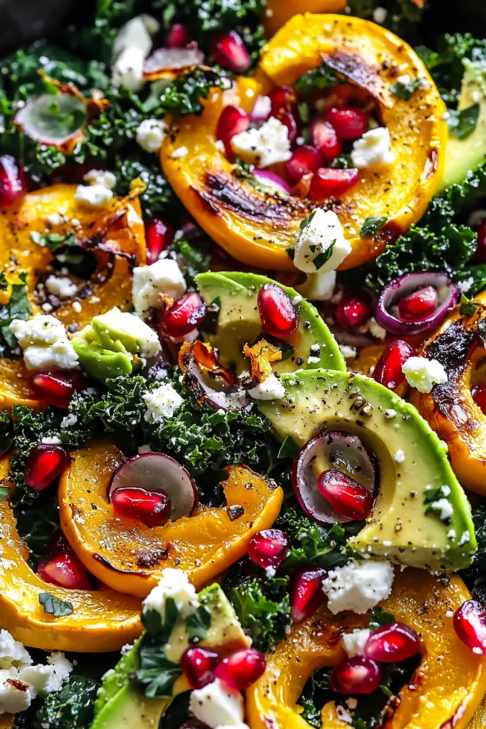 Close-up view of a delicious autumn salad with roasted squash, avocado slices, pomegranate, shallots, feta, and kale, topped with a creamy dressing and fresh thyme.