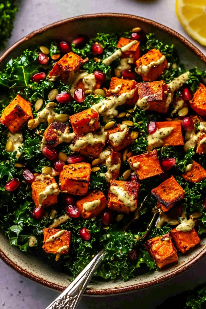 Close-up of a fresh kale salad with roasted sweet potatoes, pomegranate, pumpkin seeds, and tahini dressing, with a fork and lemon wedge.