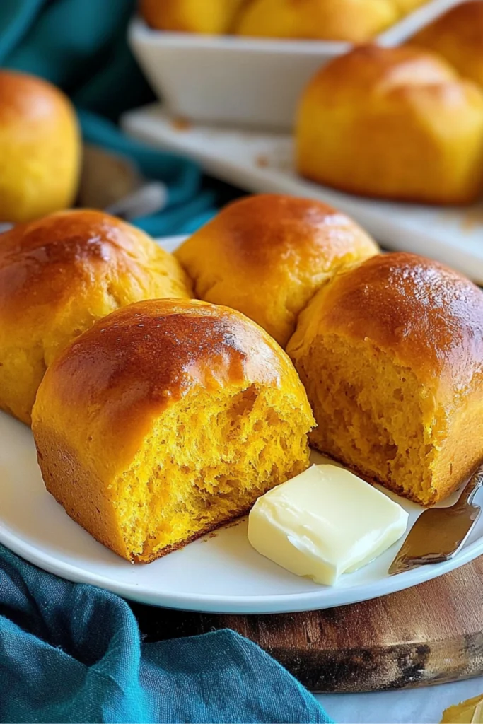 Fresh pumpkin dinner roll split open with melting butter on a plate.