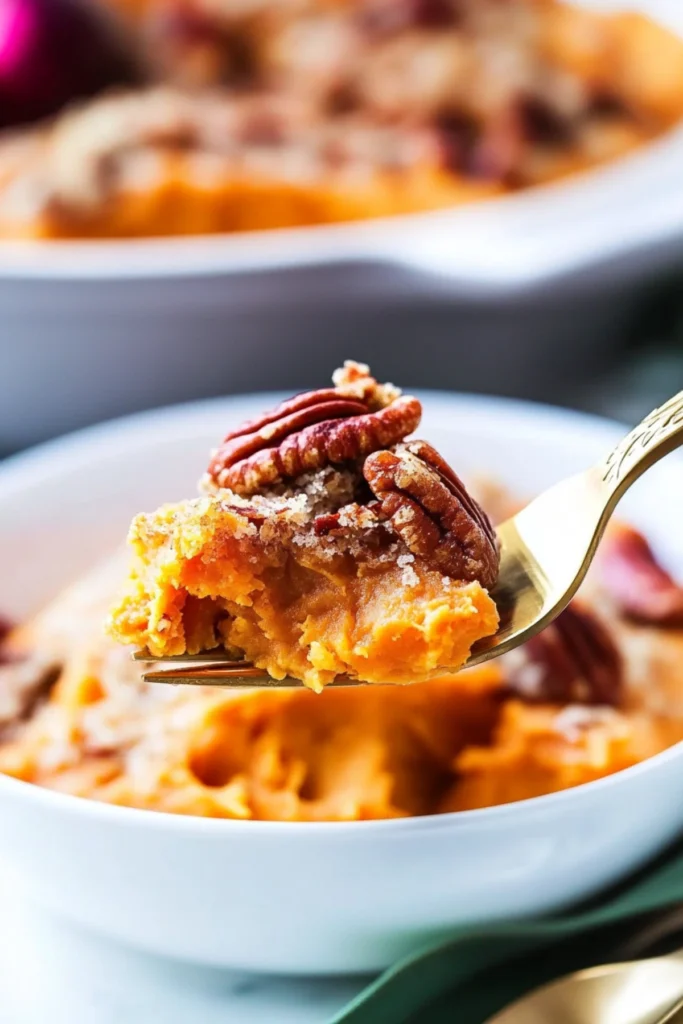 Close-up of a fork with a bite of sweet potato casserole topped with pecans, showing a golden fork and vibrant sweet potato layers.