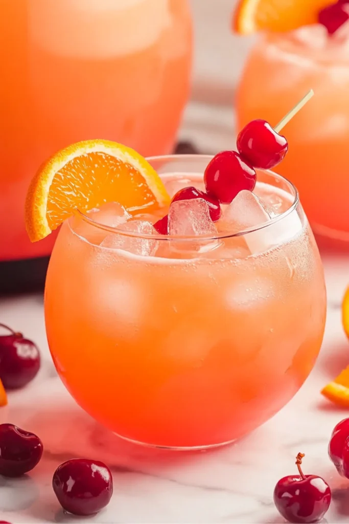 Close-up of a summer cocktail with orange slice and cherries on ice