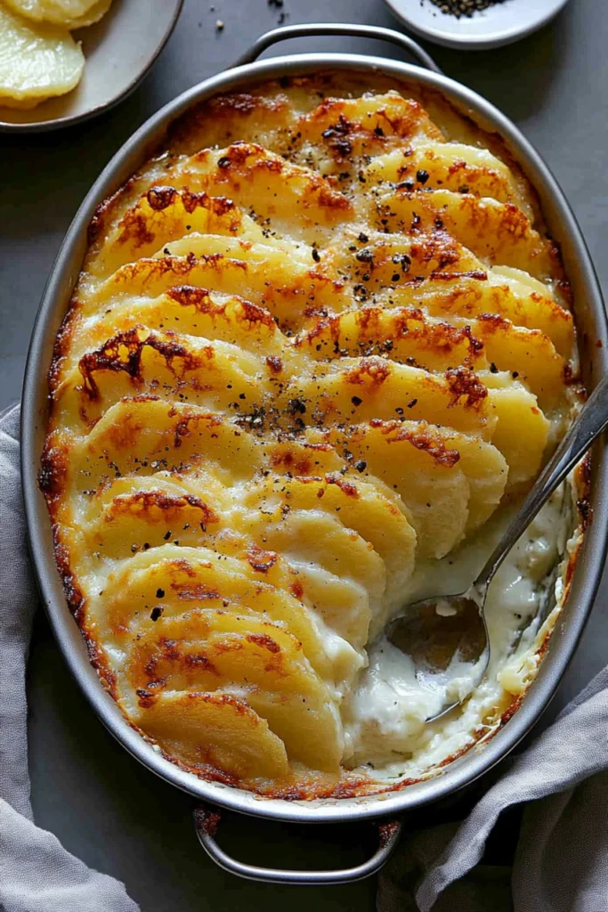 A close-up view of perfectly baked scalloped potatoes with a golden, crispy top and creamy layers in a baking dish, with a side of black pepper.