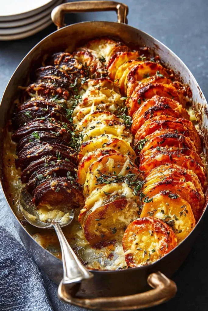A close-up of roasted thinly sliced potatoes in a spiral arrangement, with crispy golden edges, garnished with thyme sprigs and olive oil.