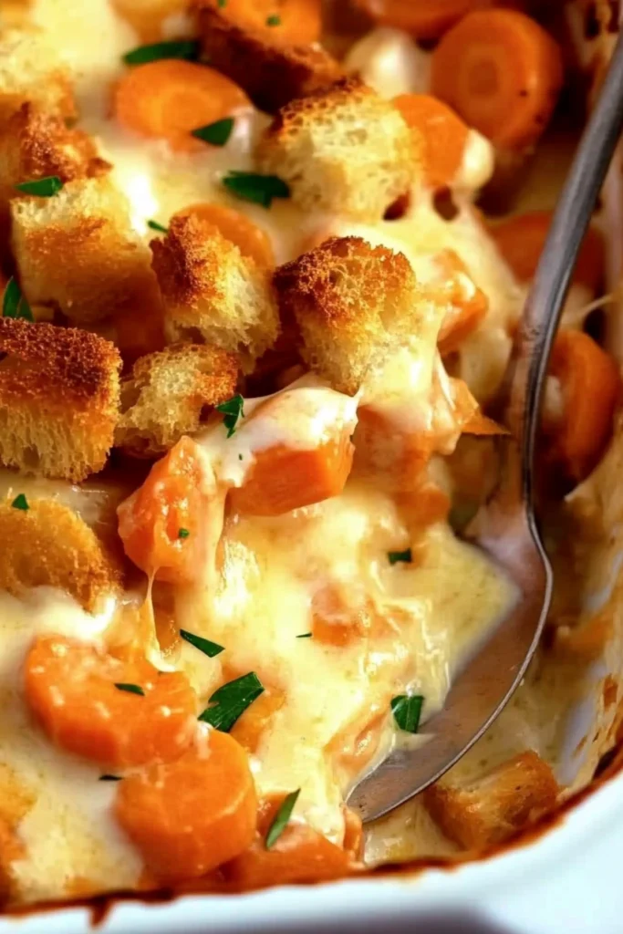 A close-up of a cheesy carrot casserole with crispy croutons, featuring melted cheese and vibrant carrots topped with parsley.
