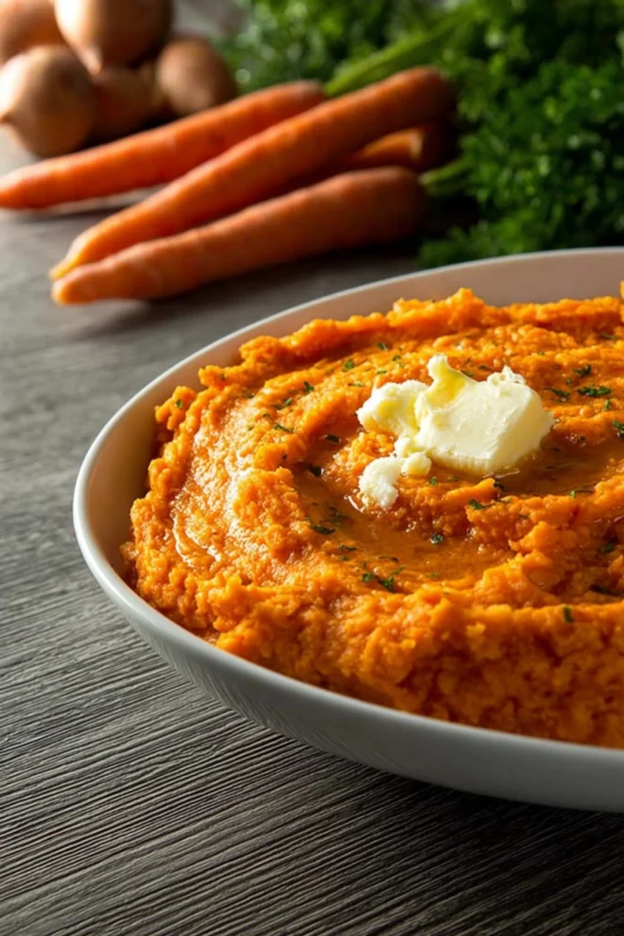 Mashed sweet potatoes with butter and fresh carrots in the background.