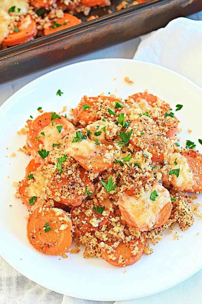 Baked sliced carrots with crispy breadcrumbs, melted cheese, and fresh parsley topping.