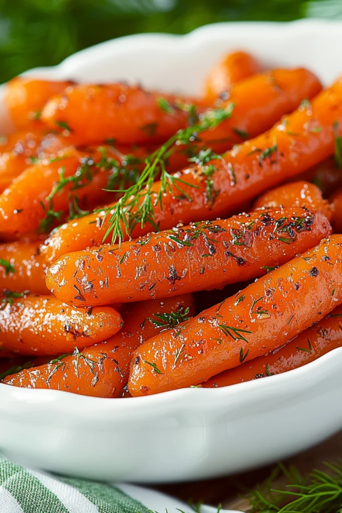 Close-up of glazed roasted baby carrots with fresh dill and thyme in a white bowl.