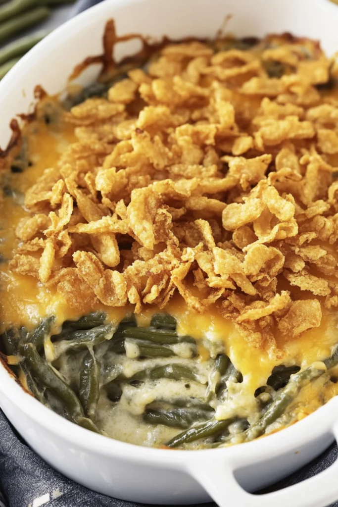 Green bean casserole with creamy sauce, melted cheese, and crispy fried onions in a white baking dish.