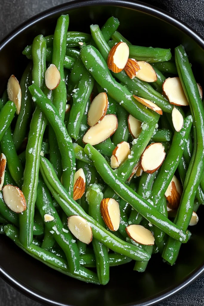 Top view of green beans almondine with toasted almond slices in a black bowl.