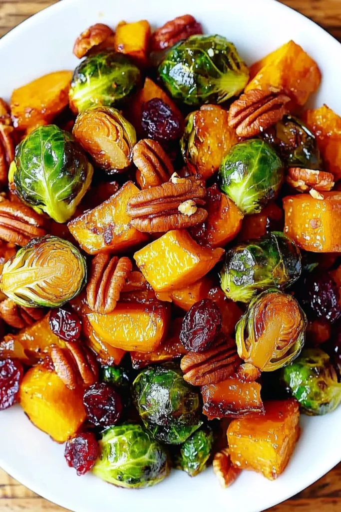 Roasted Brussels sprouts with butternut squash, pecans, and cranberries on a white plate.