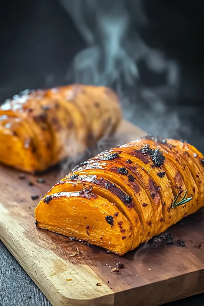 Steaming roasted hasselback butternut squash on a wooden serving board.