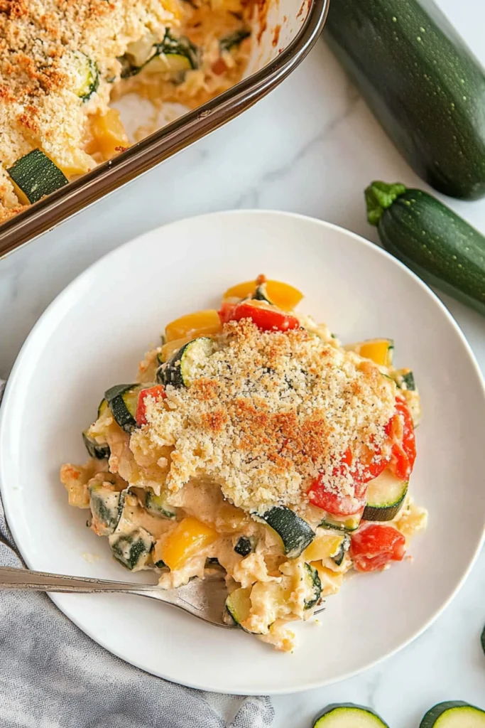 Close-up of creamy vegetable casserole with zucchini and bell peppers served on a white plate.