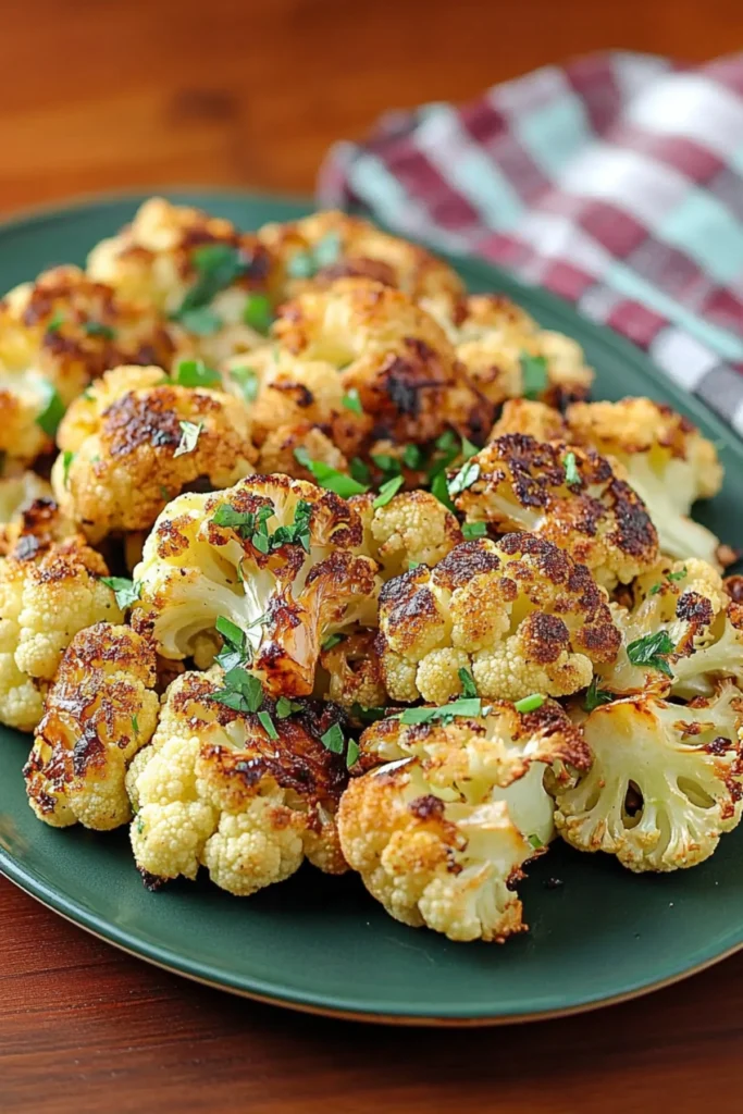 Golden roasted cauliflower florets with crispy edges served on a green platter and garnished with fresh herbs.