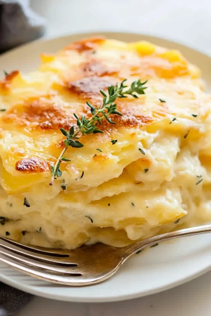 Cheesy potato gratin served on a plate with golden crust and fresh thyme
