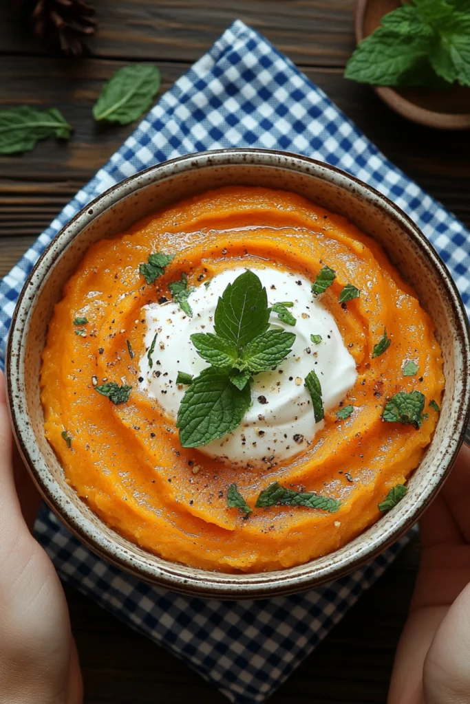 Sweet potato mash in a ceramic bowl topped with sour cream and mint leaves on a blue checkered napkin.