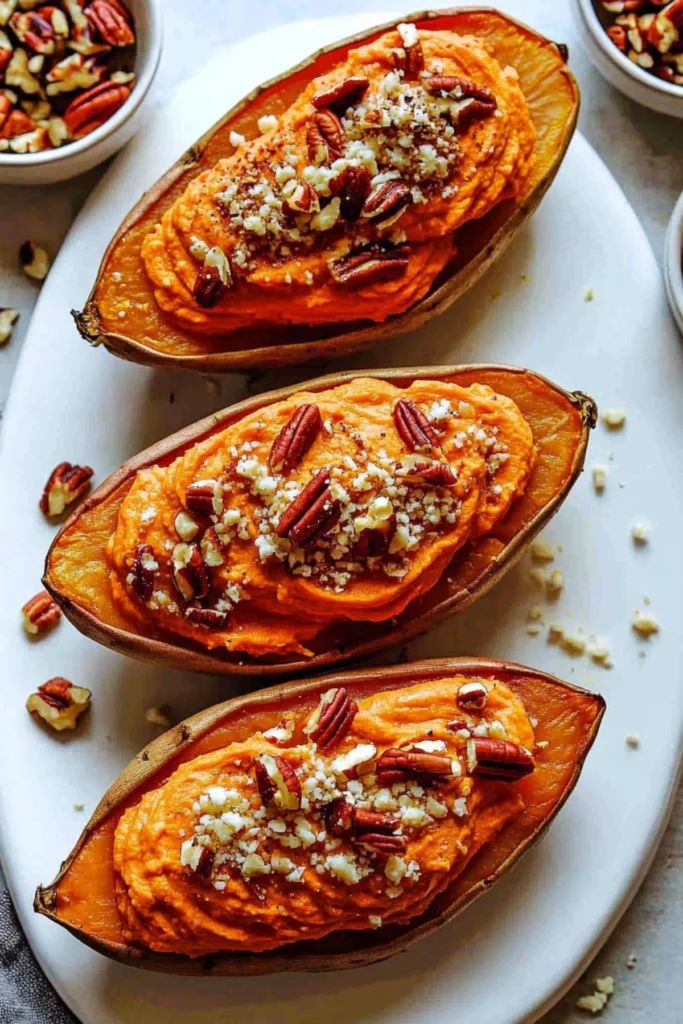 Overhead view of twice-baked sweet potatoes filled with whipped mash, topped with cheese and pecans on a white platter.