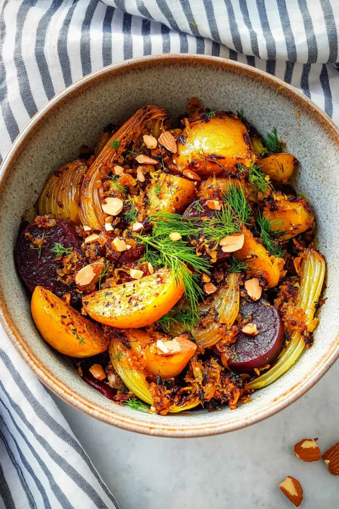 Roasted golden beets and fennel salad with almonds, dill, and citrus zest in a ceramic bowl.