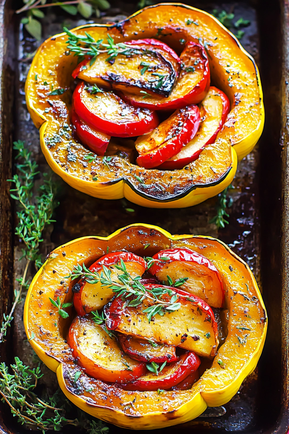 Close-up of roasted acorn squash stuffed with apples, peppers, and fresh thyme on a rustic baking sheet.