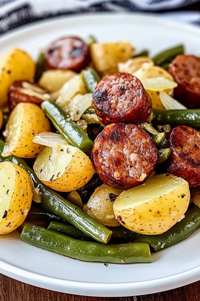 Overhead view of Southern-style smoked sausage, potatoes, and green beans on a white plate