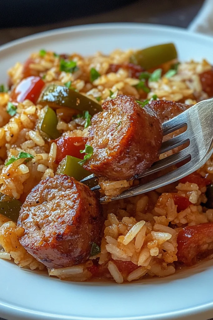 Close-up of Cajun sausage and rice on a white plate with a fork.
