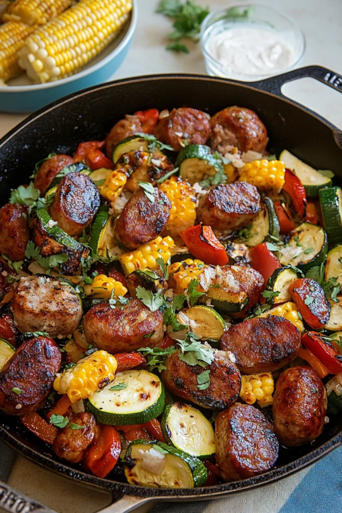 One-pan smoked sausage skillet with grilled corn, zucchini, and peppers in a rustic pan.