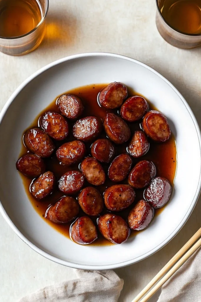 Glazed sausage slices served in a white enamel plate with sauce, styled on a rustic tabletop.