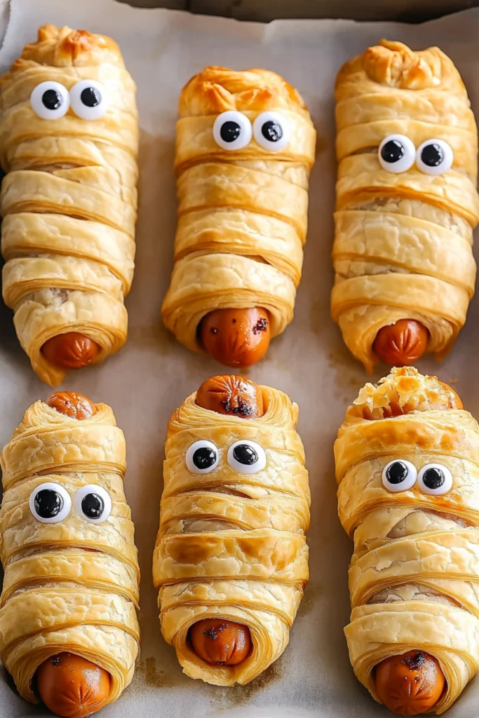 Fun Halloween mummy hot dogs with puff pastry and candy eyes, a perfect snack for the spooky season