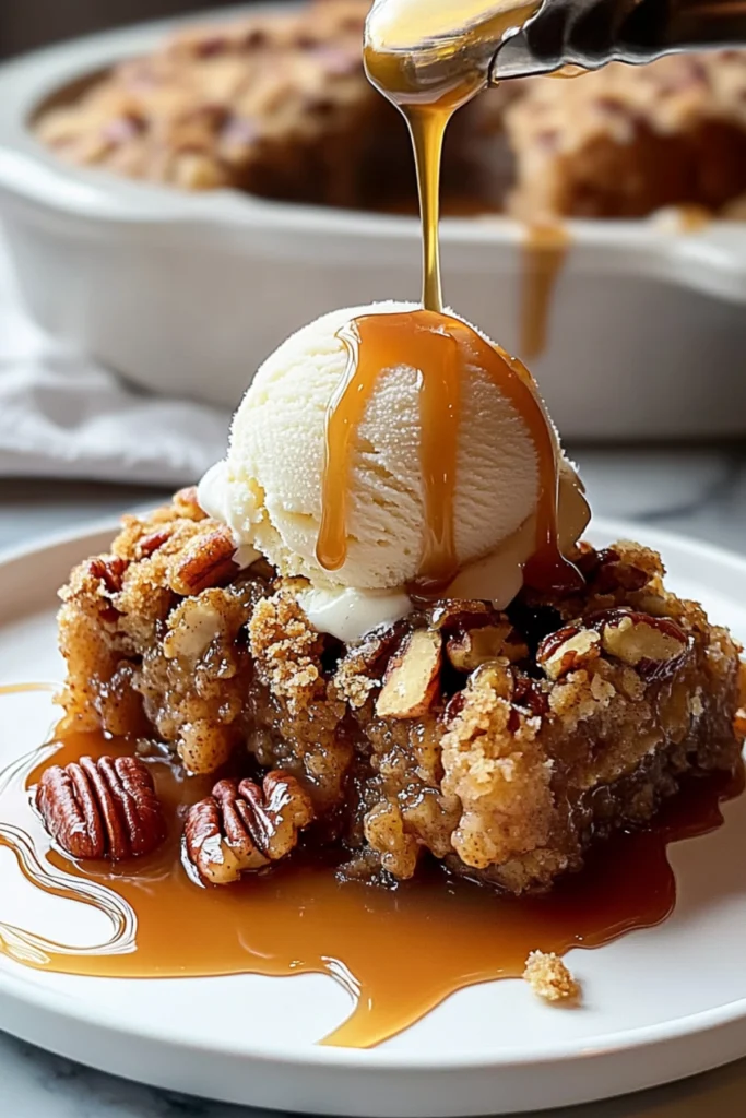 A delicious slice of pecan cobbler with vanilla ice cream and caramel sauce served on a white plate with a marble countertop background.