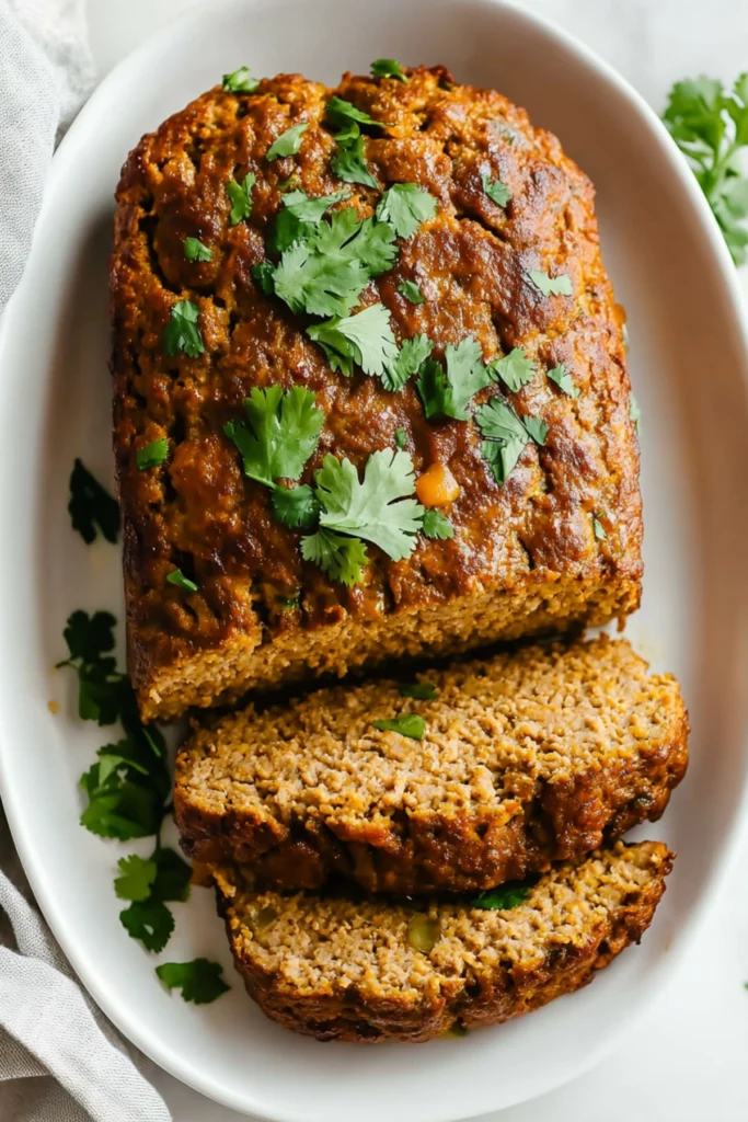 Vegetarian meatloaf slices topped with fresh cilantro, showing a crispy exterior and moist interior, served on a white dish.