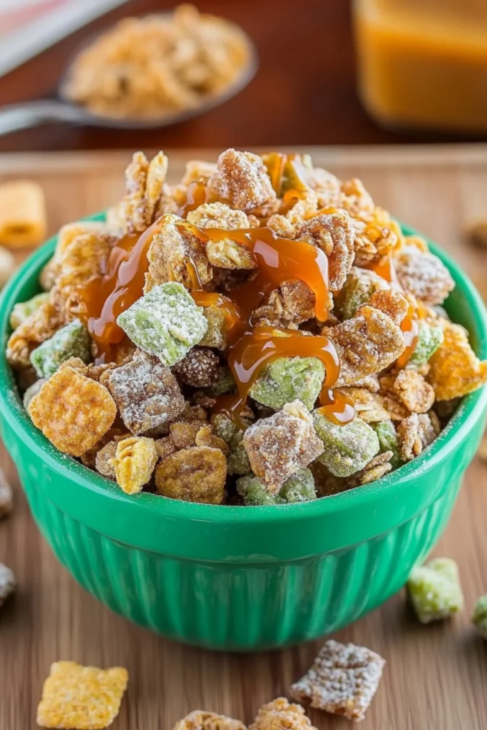 Delicious caramel drizzled cereal snack mix with granola and cinnamon sugar in a green bowl on a wooden surface.