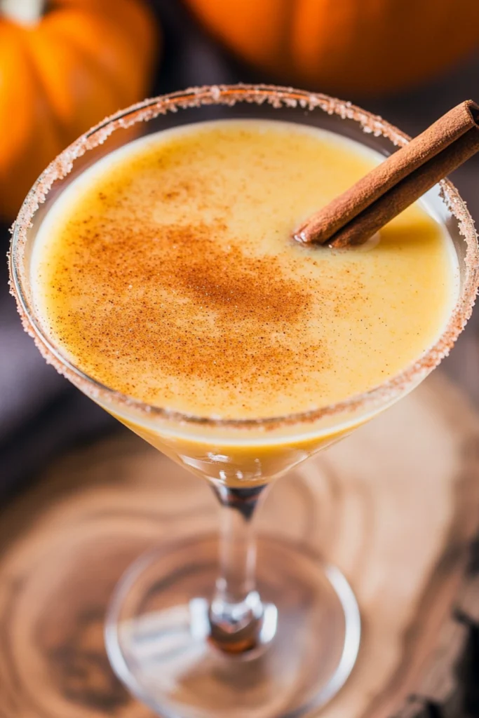 Pumpkin pie martini cocktail with cinnamon sugar rim and cinnamon stick garnish.