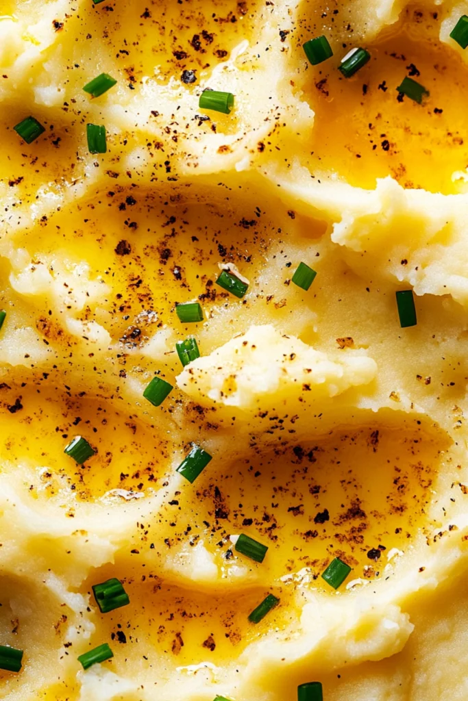 Close-up of creamy mashed potatoes topped with butter, chives, and black pepper.