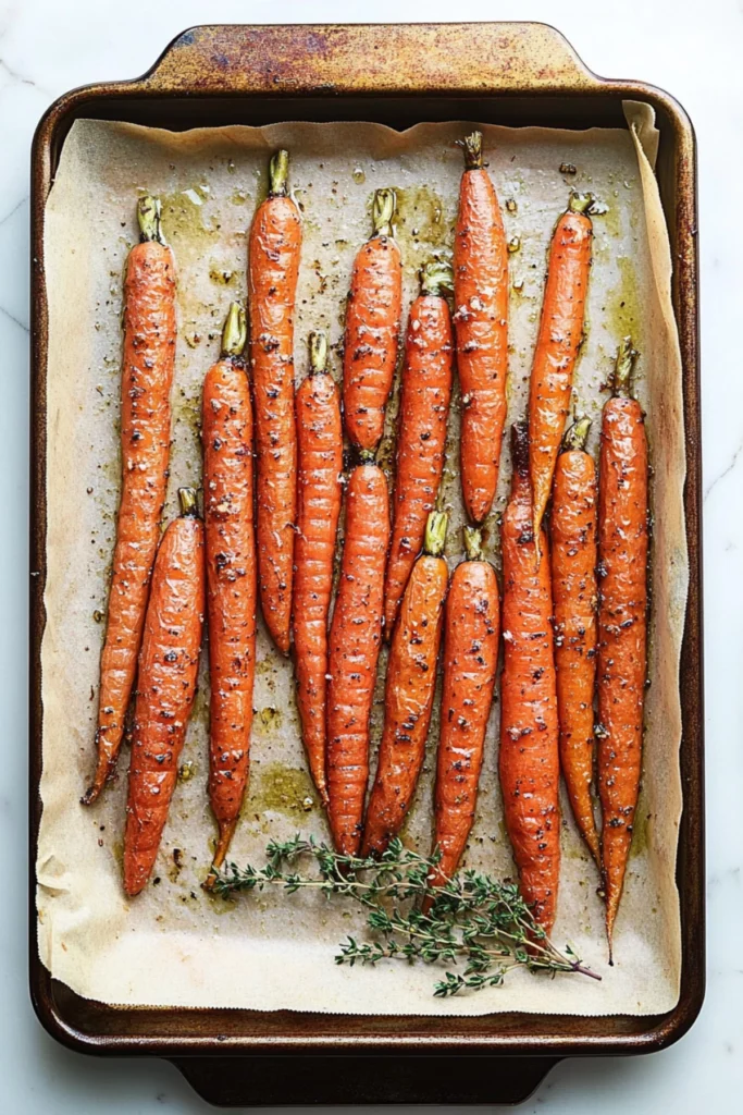 An overhead view of roasted carrots on a parchment paper-lined baking sheet, seasoned with fresh thyme and oil.