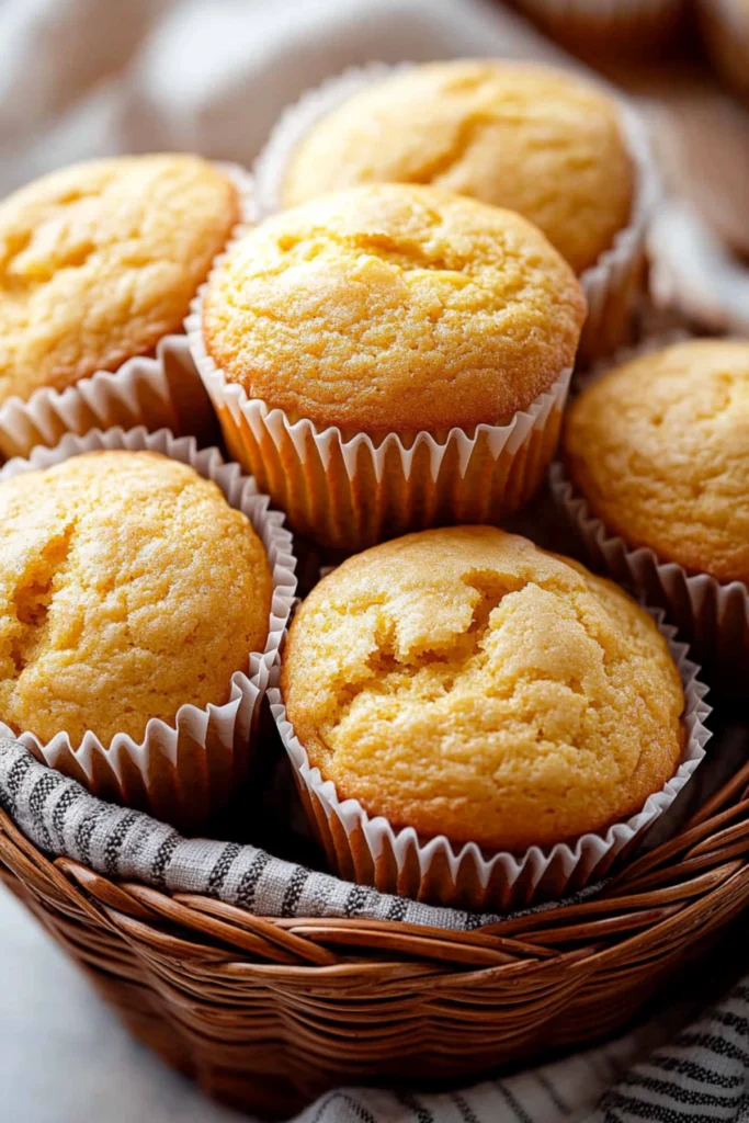 Close-up of golden corn muffins in a rustic basket with striped linen towel.