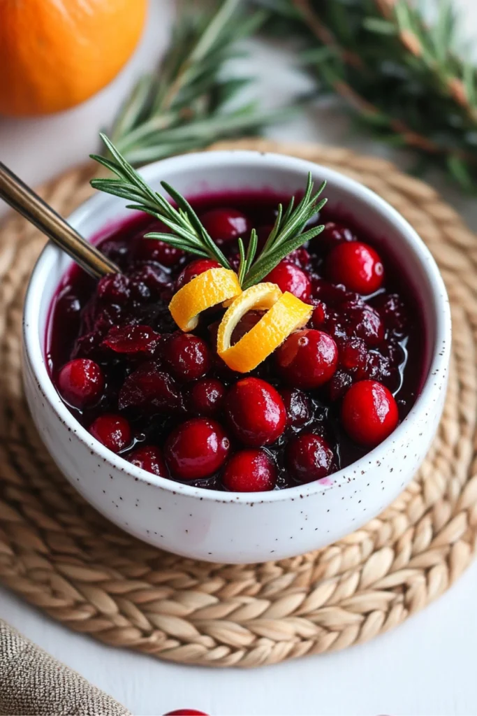 Top-down view of homemade cranberry sauce with orange zest and rosemary in a white bowl on a holiday table.