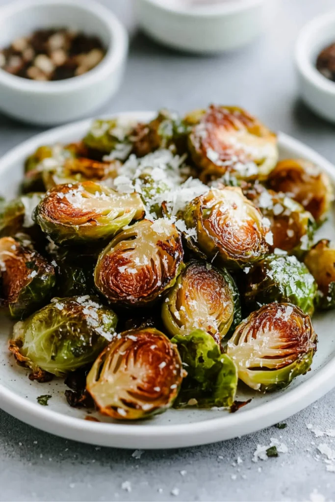 A close-up of roasted Brussels sprouts with Parmesan cheese on a white plate, showcasing crispy edges and golden-brown color, with small bowls of salt and pepper in the background.