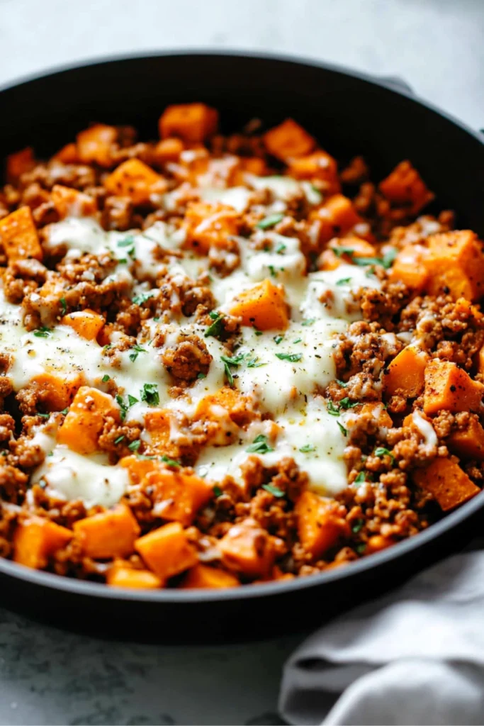 A close-up of a skillet with ground turkey, roasted sweet potatoes, melted mozzarella cheese, and fresh parsley on a textured gray surface.