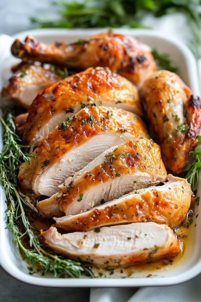 Sliced roasted chicken breast and legs served on a white platter with fresh herbs like rosemary and cilantro.