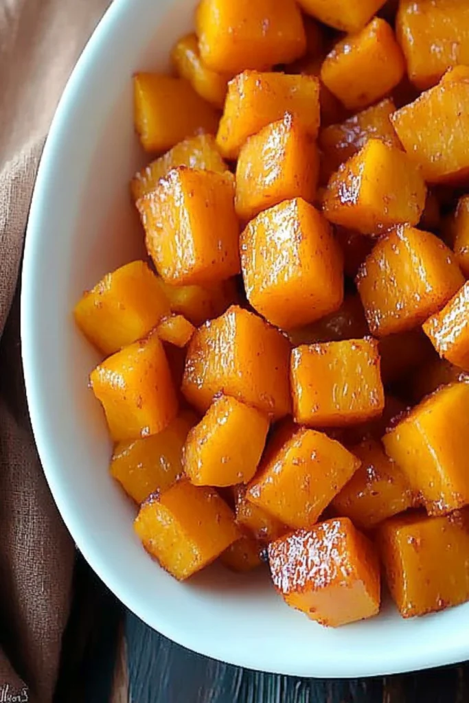 Close-up image of roasted butternut squash cubes in a white serving dish with a rich orange color and a slight caramelized texture.