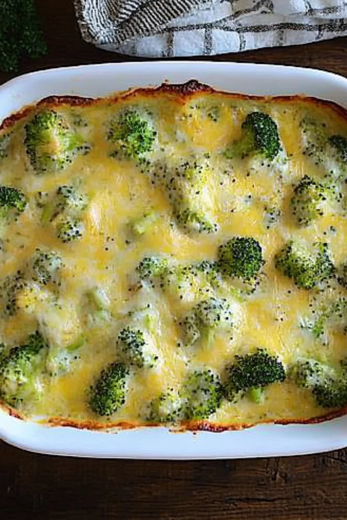 Classic Broccoli Casserole in a White Baking Dish on a Wooden Table