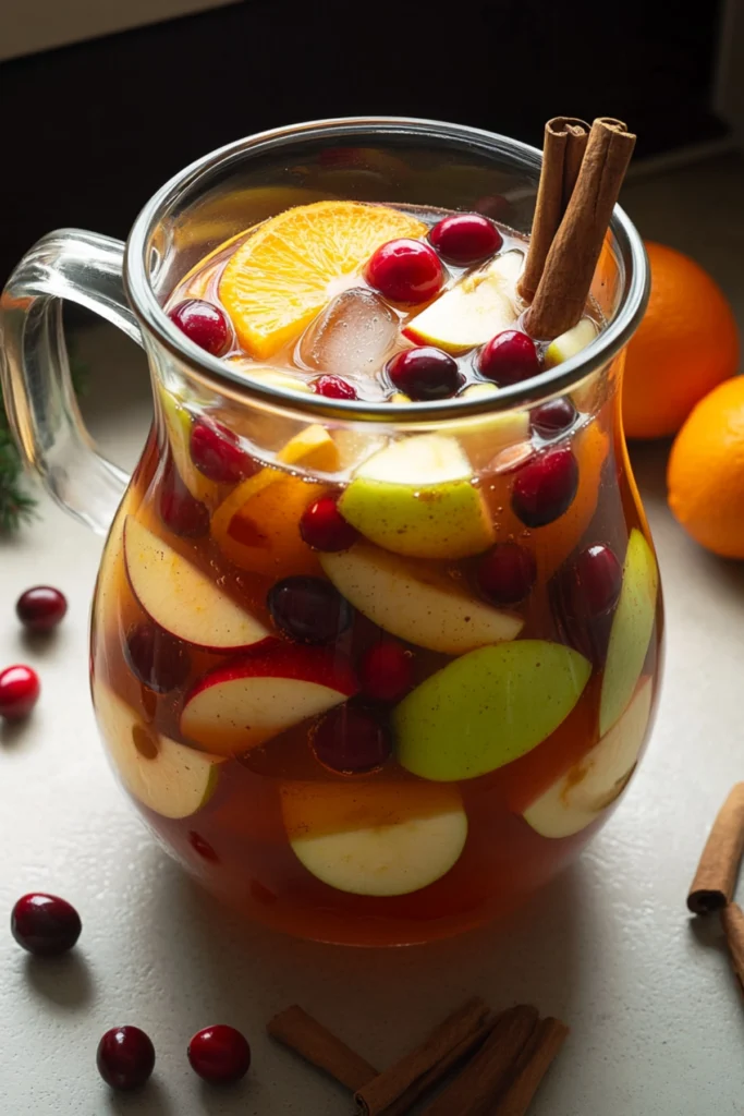 Glass pitcher of festive sangria with oranges, apples, cranberries, and cinnamon on a stone table.