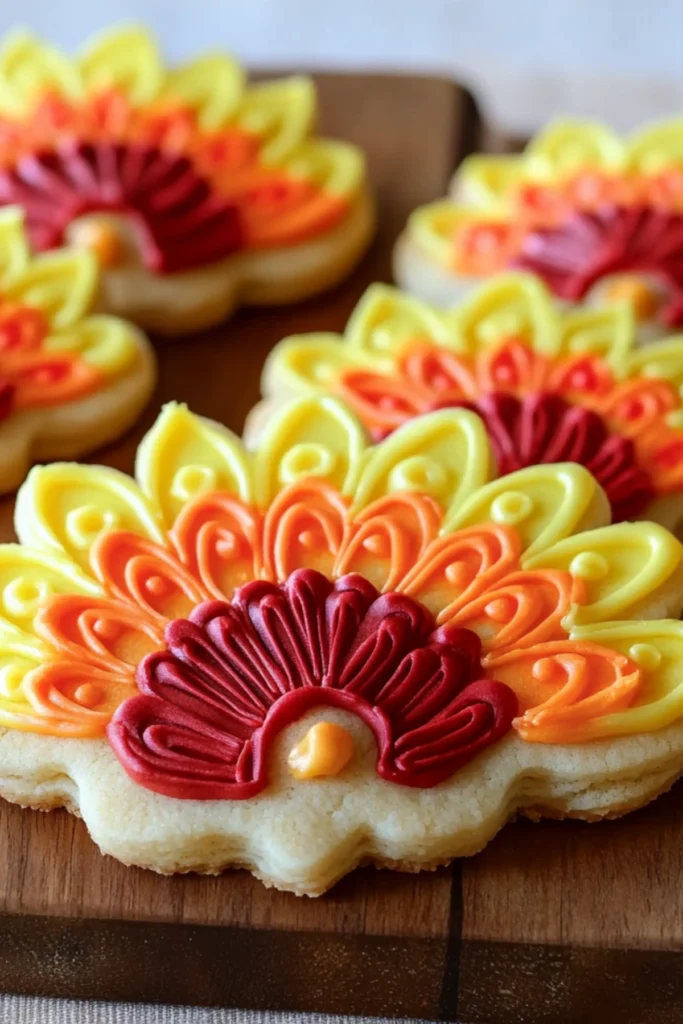 Overhead view of five Thanksgiving turkey sugar cookies decorated with yellow, orange, and red buttercream feathers on a light gray surface.