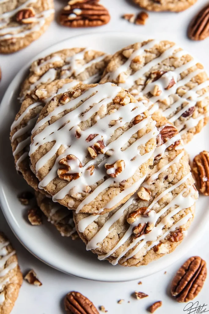 Flat lay of pecan cookies with vanilla glaze on a white plate and scattered pecans.