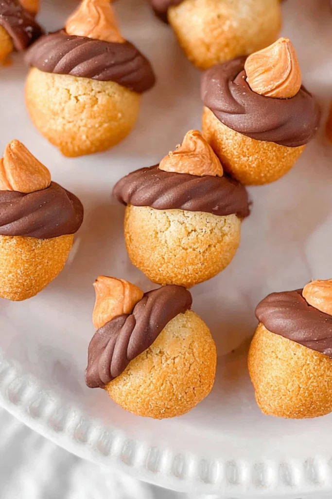 Close-up of homemade acorn cookies made with Hershey’s Kisses, mini cookies, and butterscotch chips on parchment paper.