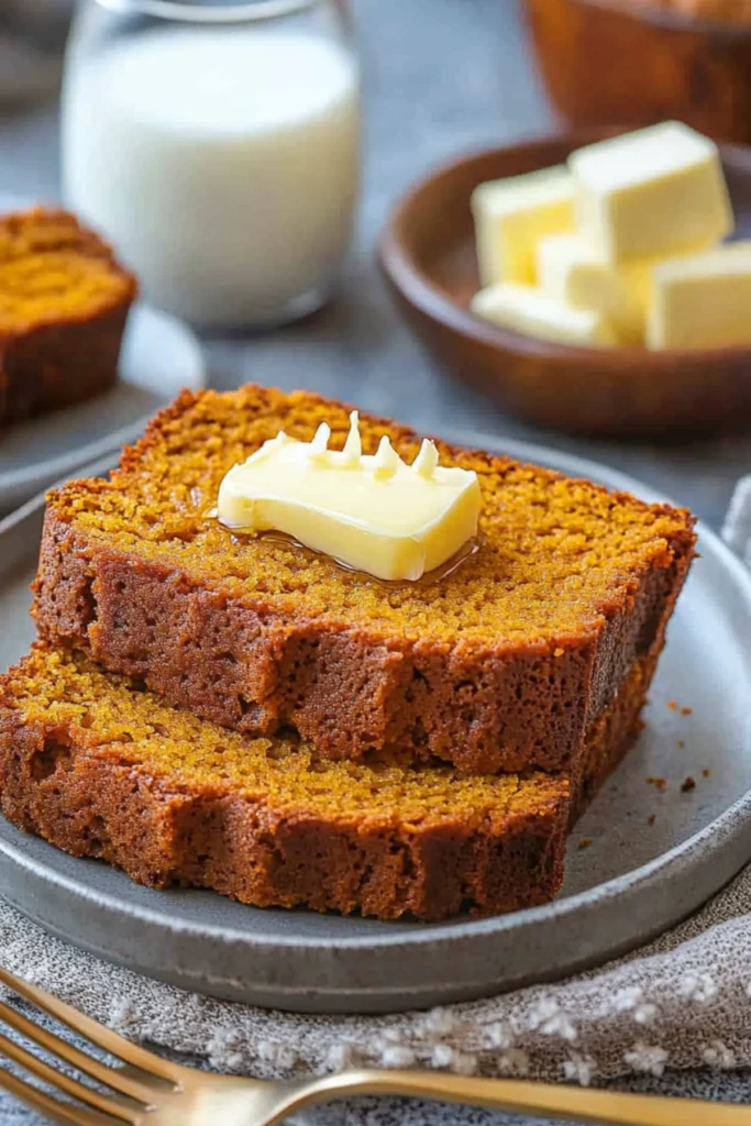 Stacked slices of pumpkin bread topped with a butter curl, served on a ceramic plate with milk and butter in the background.