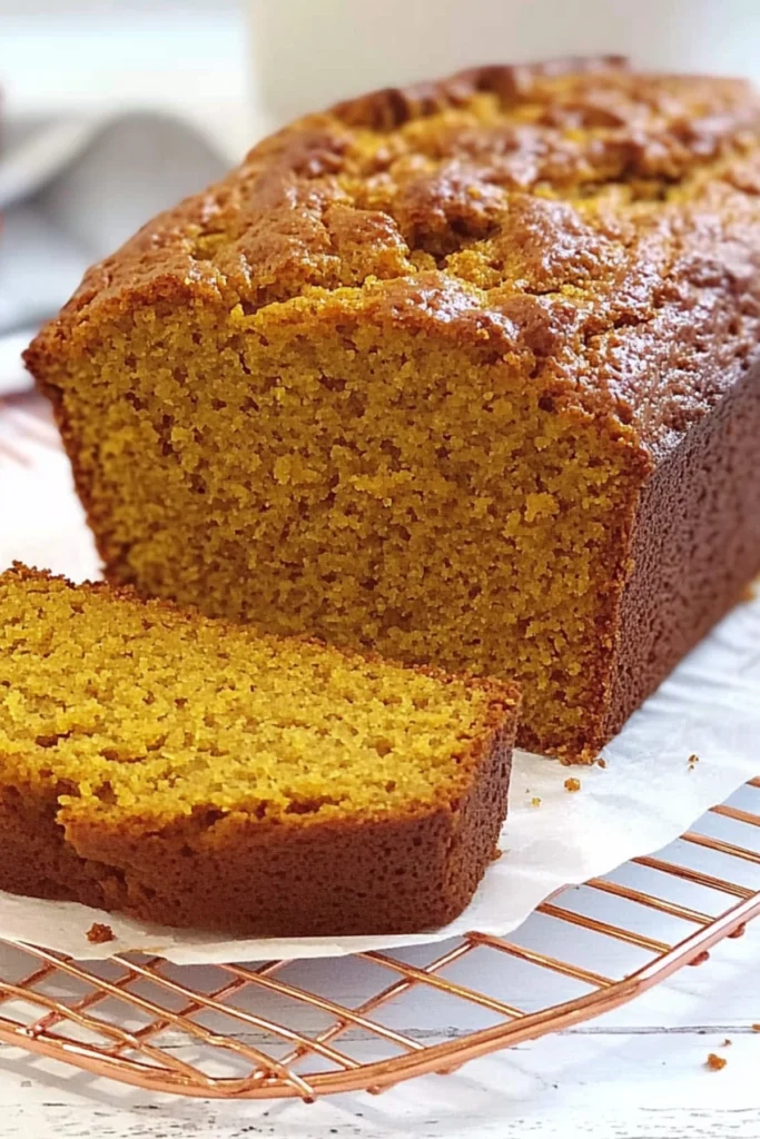 Freshly baked pumpkin bread loaf on a copper cooling rack with a slice in the foreground.