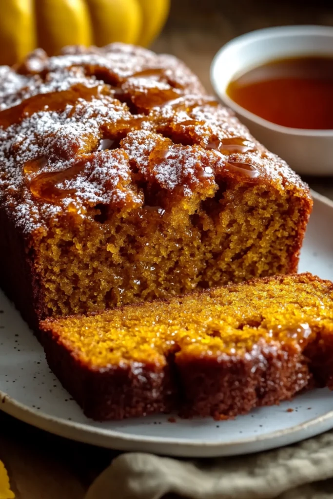 Close-up of sliced pumpkin bread with sugar crust and maple syrup on a white plate.