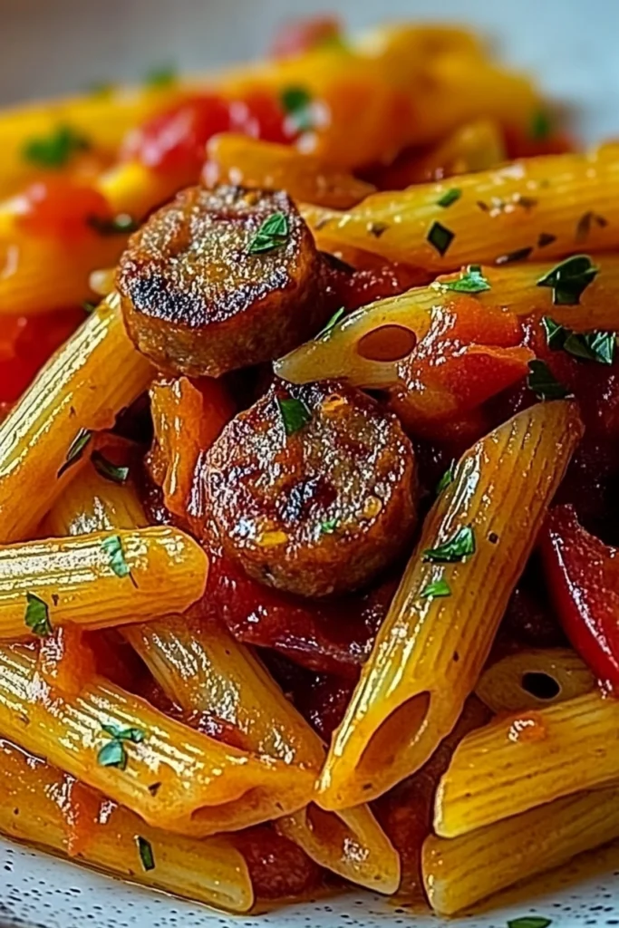 Close-up of penne pasta with sausage, peppers, onions, and tomato sauce topped with fresh parsley.